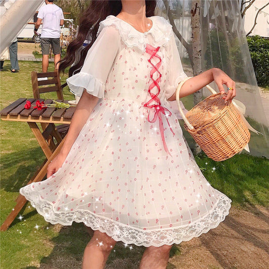 Lace Doll Collar Chiffon Shirt Lace Trim Print Sling Dress