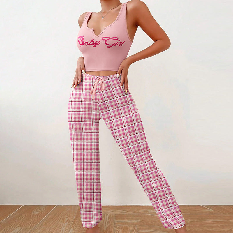 Cute Women Clothing Homewear Vest Color Matching Plaid Trousers Letter Print Top Women Suit Pajamas For Women