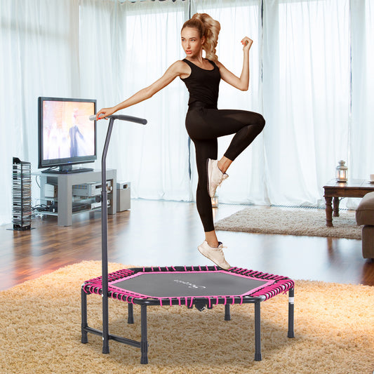 48" Adult Hexagon Rebounder Trampoline Fitness Bungee Jumping Cardio Trainer Outdoor Bouncer Jumper Adjustable Bar Pink
