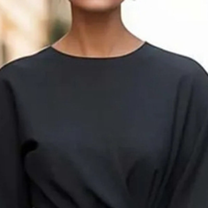 Plus Size Women's Elegant Solid Color Round Neck Mid-Sleeve Maxi Dress Waist-Defining Pleated Design For Office, Party, Wedding Guest