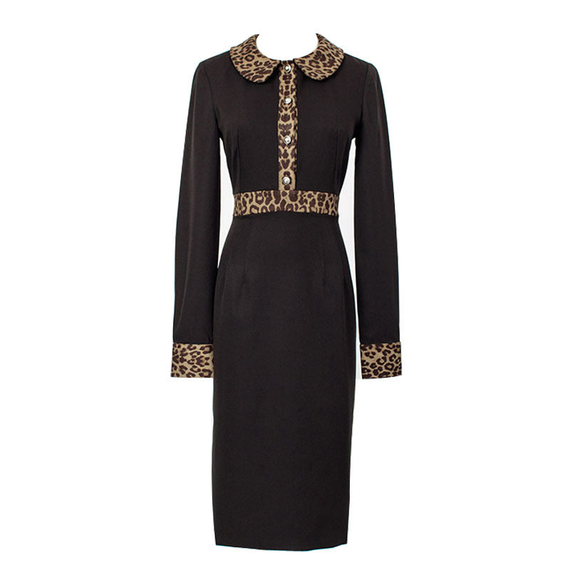 Deluna Hotel Leopard Doll Collar Stitching Long Sleeve Black Mid-Length Dress