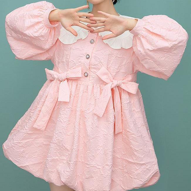 Pink Doll Collar Dress Puff Sleeve Cute Bow Tie Lantern Dress