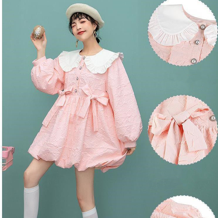 Pink Doll Collar Dress Puff Sleeve Cute Bow Tie Lantern Dress