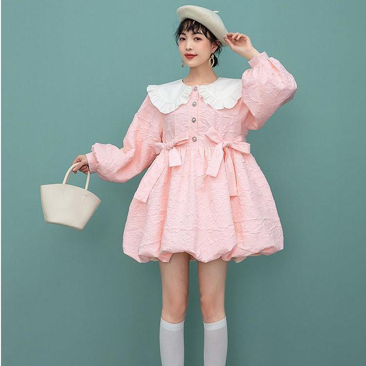 Pink Doll Collar Dress Puff Sleeve Cute Bow Tie Lantern Dress