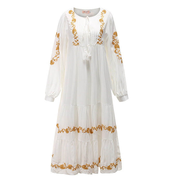 V-neck Embroidered Loose Dress Embroidered Long Skirt