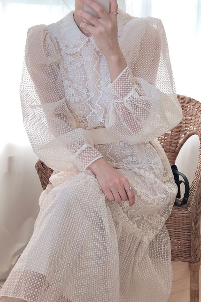 Spring Gentle Doll Collar Heavy Industry Lace Crochet Lace Waist Puff Sleeve Dress Long Skirt Female