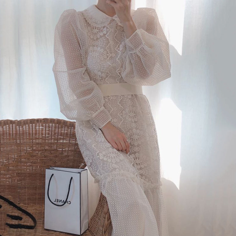 Spring Gentle Doll Collar Heavy Industry Lace Crochet Lace Waist Puff Sleeve Dress Long Skirt Female