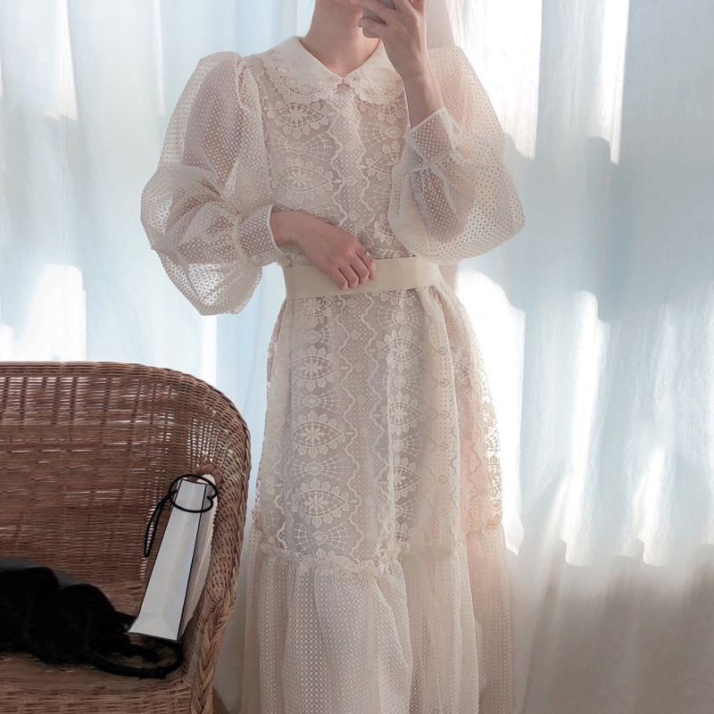 Spring Gentle Doll Collar Heavy Industry Lace Crochet Lace Waist Puff Sleeve Dress Long Skirt Female