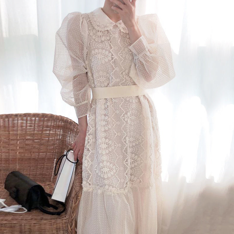 Spring Gentle Doll Collar Heavy Industry Lace Crochet Lace Waist Puff Sleeve Dress Long Skirt Female