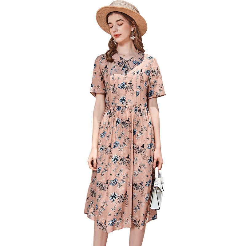 New Arrival Ladies Doll Collar Short Sleeve Printed Silk Dress