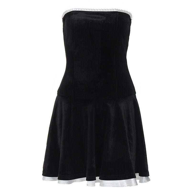 Dress Suede Patchwork Ruffled Chest-wrapped Pleated Princess Dress For Women