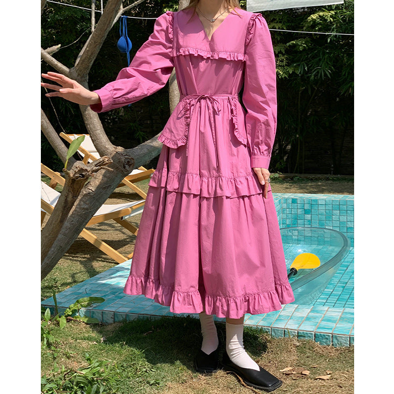 Detachable Long-sleeved Doll-neck Dress With A Sense Of Niche Flounce