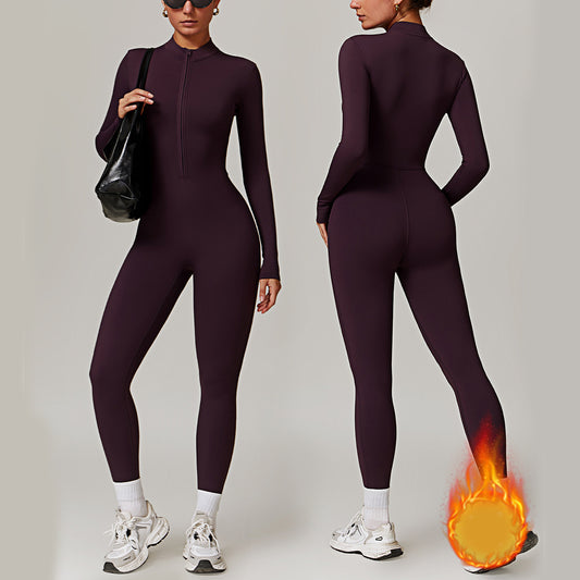 Warm Zipper Long-sleeved Jumpsuit Yoga Fitness Sports Pants Breathable Bodysuit Women's Clothing