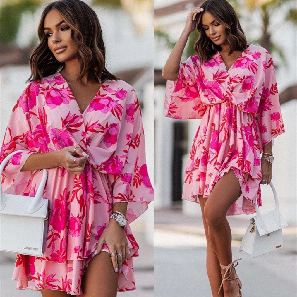 Fashion Print V-Neck Doll Sleeve Loose Cake Dress