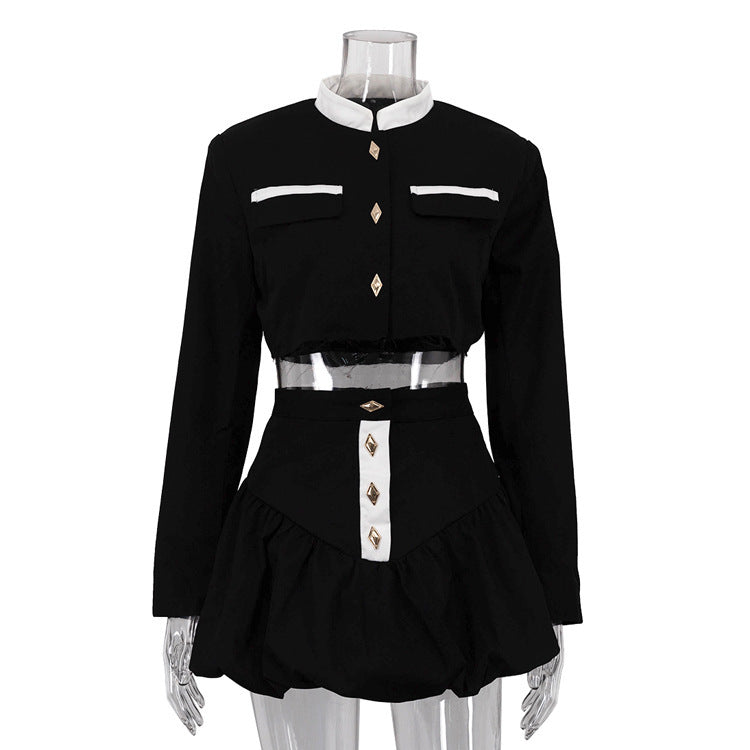 Stand-up Collar Long Sleeve Shirt & Bud Skirt Two-piece Set