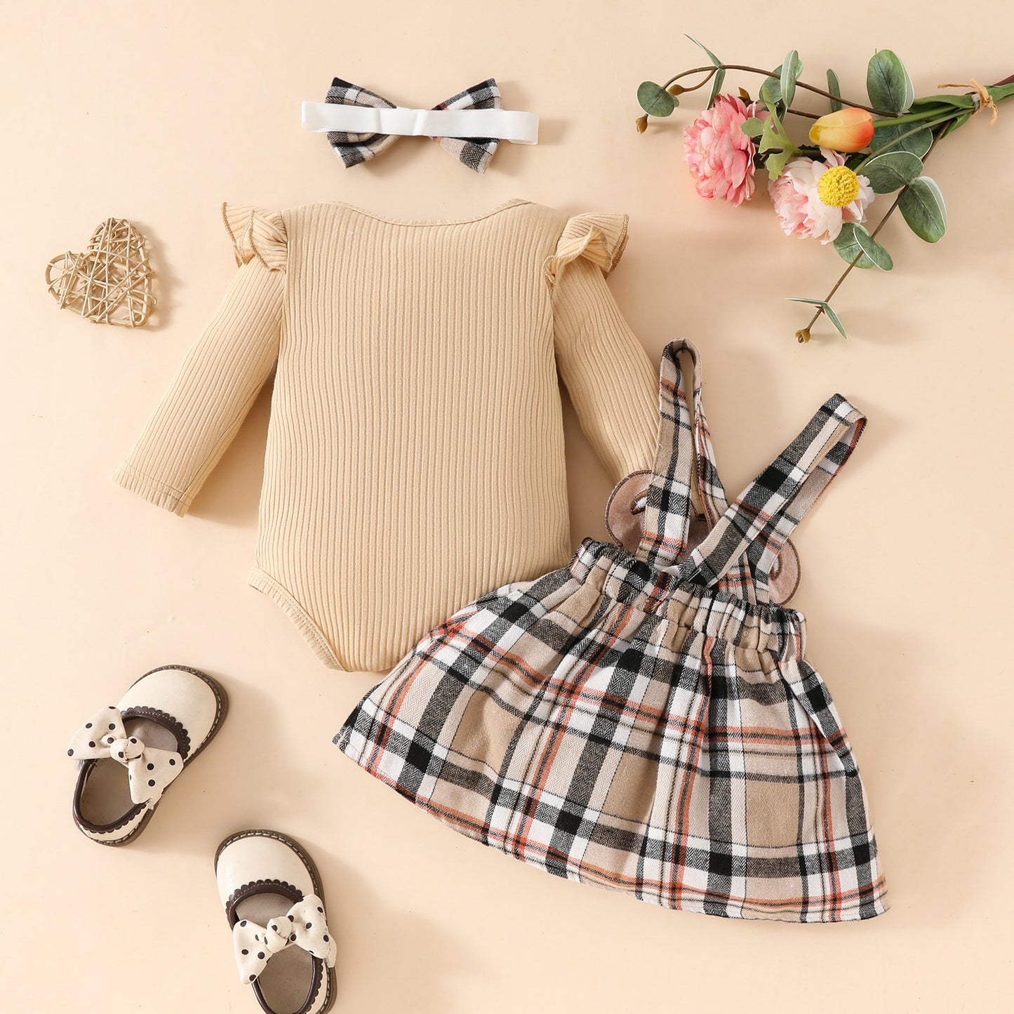 Girls' Fashion Minimalist Long Sleeve Triangle Rompers Bow Plaid Bear Doll Suspender Dress Hair Band Set