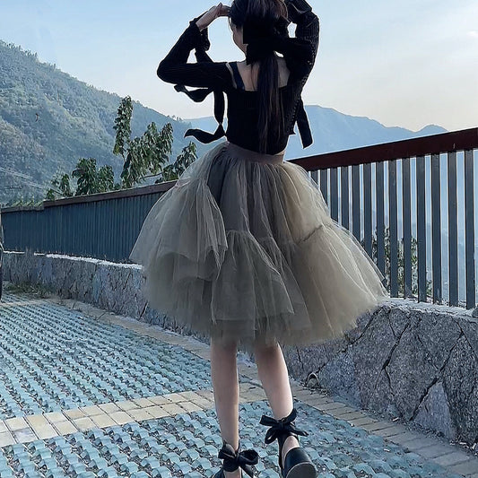 Black Tulle-Layered High-Waist A-Line Skirt, Women's Tutu Skirt Mesh Splicing Skirt Multi-layer Cake A-line Pleated Skirt Fairy Skirt (China)