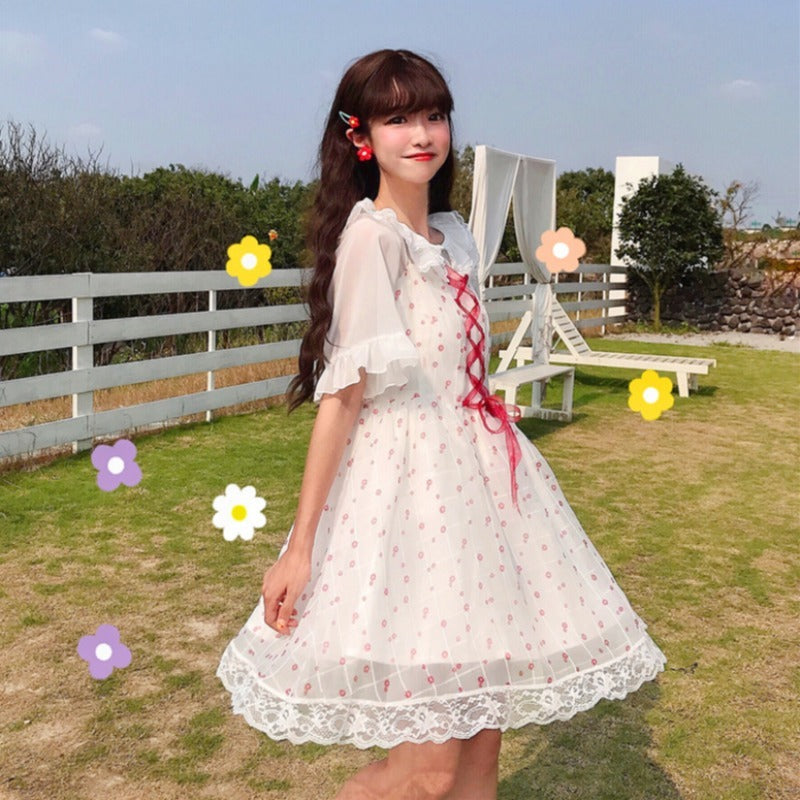 Lace Doll Collar Chiffon Shirt Lace Trim Print Sling Dress