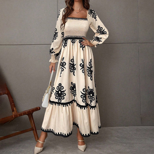 Elegant Women's Retro Geometric Print Lantern Sleeve Dress - Square Neck A-Line With Elastic Cuffs, Casual & Formal Dress