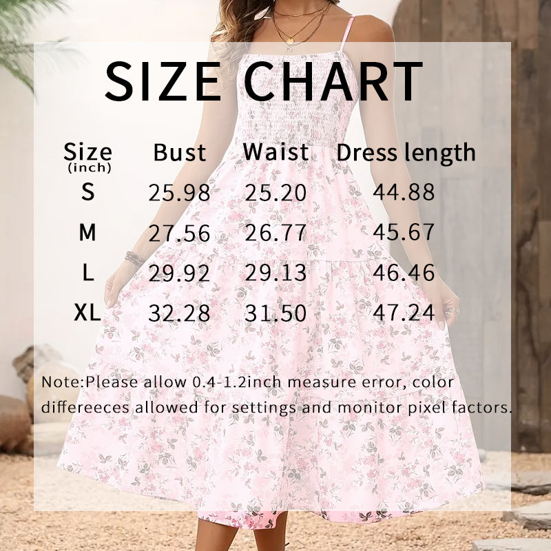 Womens Summer Floral Midi Dress Smocked Spaghetti Strap Sleeveless Tiered Casual Flowy Dresses