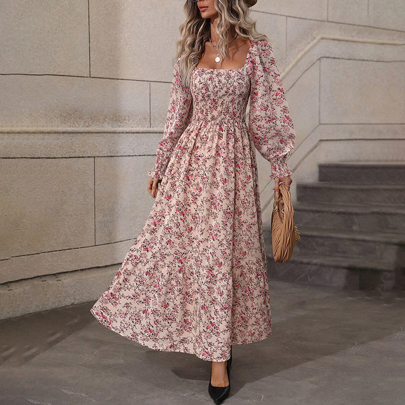 Women's Square Neck Floral Dress Puff Sleeve Backless Maxi Dress With Smocked Waist For Spring And Summer