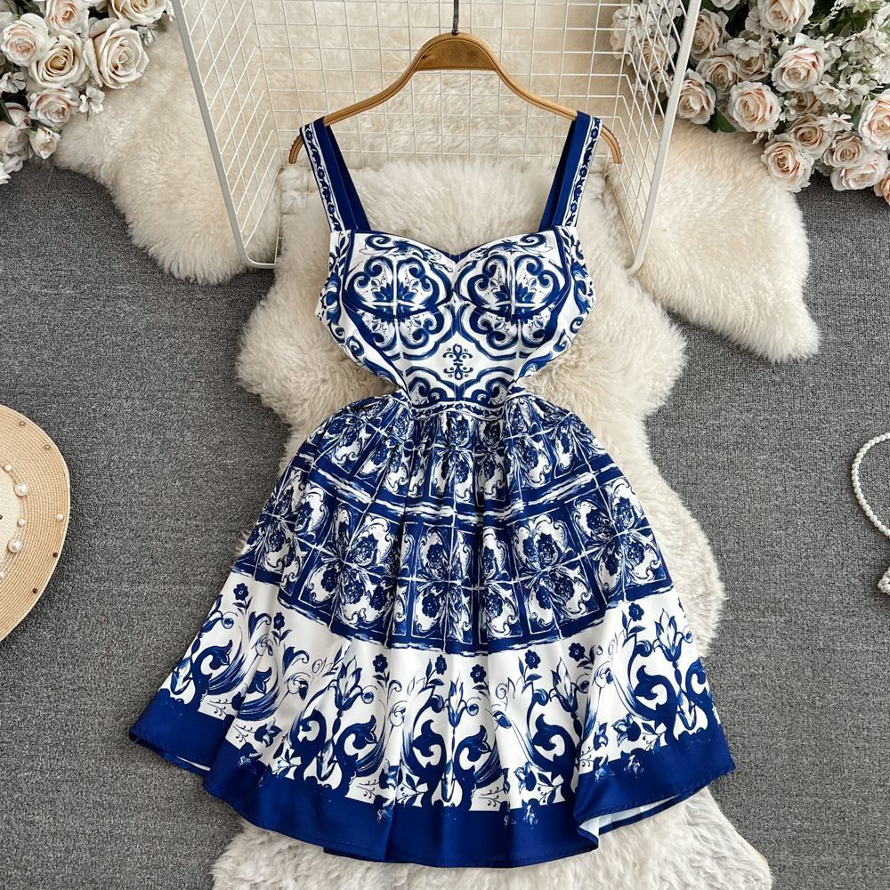 Retro Printing Slip Dress Women