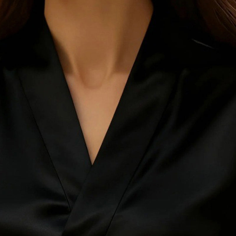 Women's Elegant V-Neck Blouse, Solid Color Shiny Finish Long Sleeve Dress Shirt For Office And Casual Wear