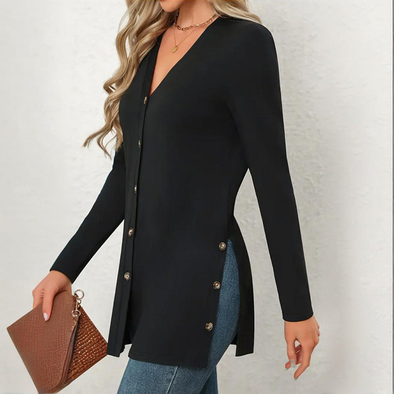 Women's Side Slit Cardigan - 2025 Spring Fall Lightweight V-Neck Button Down Cover Up