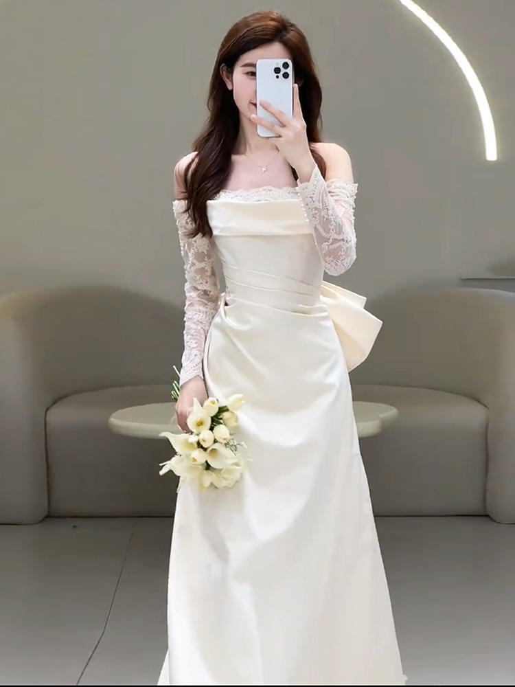 Off-shoulder Light Wedding Dress Bridal Simple Lace Dress