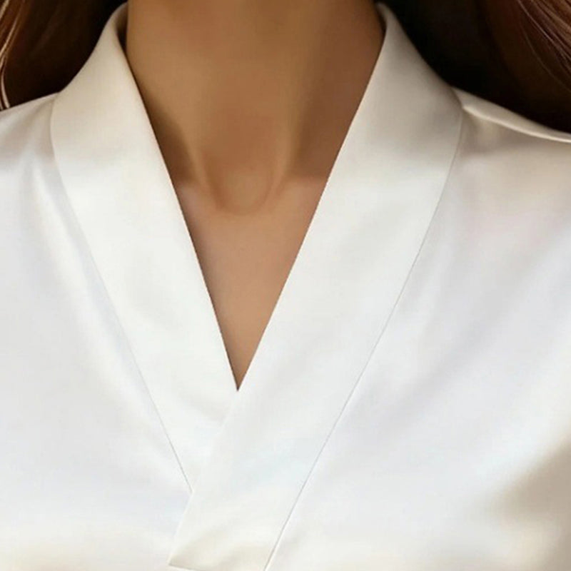 Women's Elegant V-Neck Blouse, Solid Color Shiny Finish Long Sleeve Dress Shirt For Office And Casual Wear