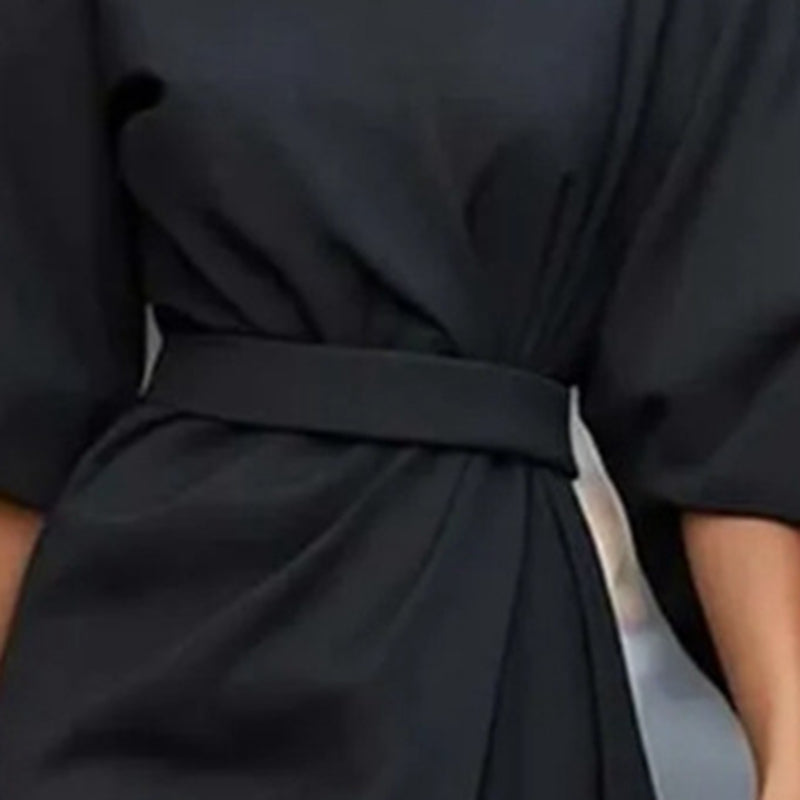 Plus Size Women's Elegant Solid Color Round Neck Mid-Sleeve Maxi Dress Waist-Defining Pleated Design For Office, Party, Wedding Guest