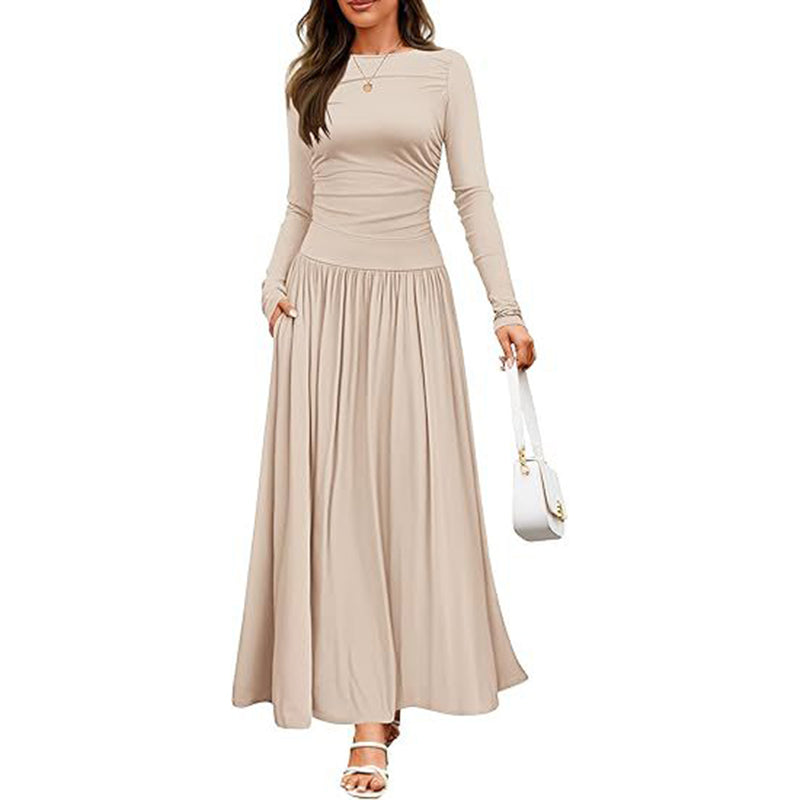 Women's Elegant Ruffle Detail Dress, Solid Color Round Neck Long Sleeve Knit Dress With Pockets