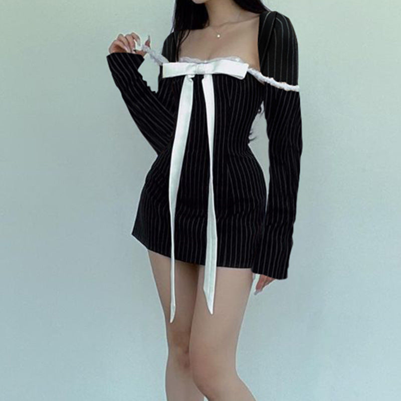 French Style Square Collar Bow Lace-up Elegant Striped Long Sleeve Dress Women