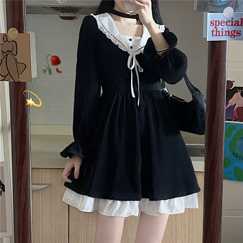 Fashion Little Black Dress Autumn Japanese Doll Tie Bow