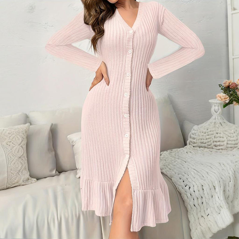 Women's V-Neck Bodycon Midi Dress - 2025 Spring Fall Long Sleeve Button Down Elegant Dress