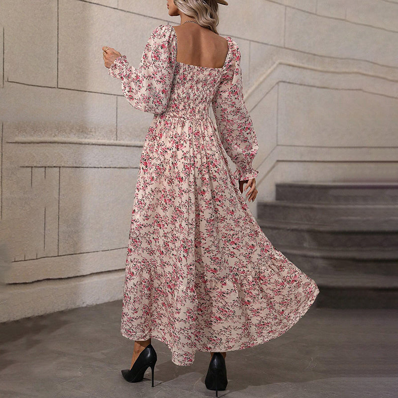 Women's Square Neck Floral Dress Puff Sleeve Backless Maxi Dress With Smocked Waist For Spring And Summer