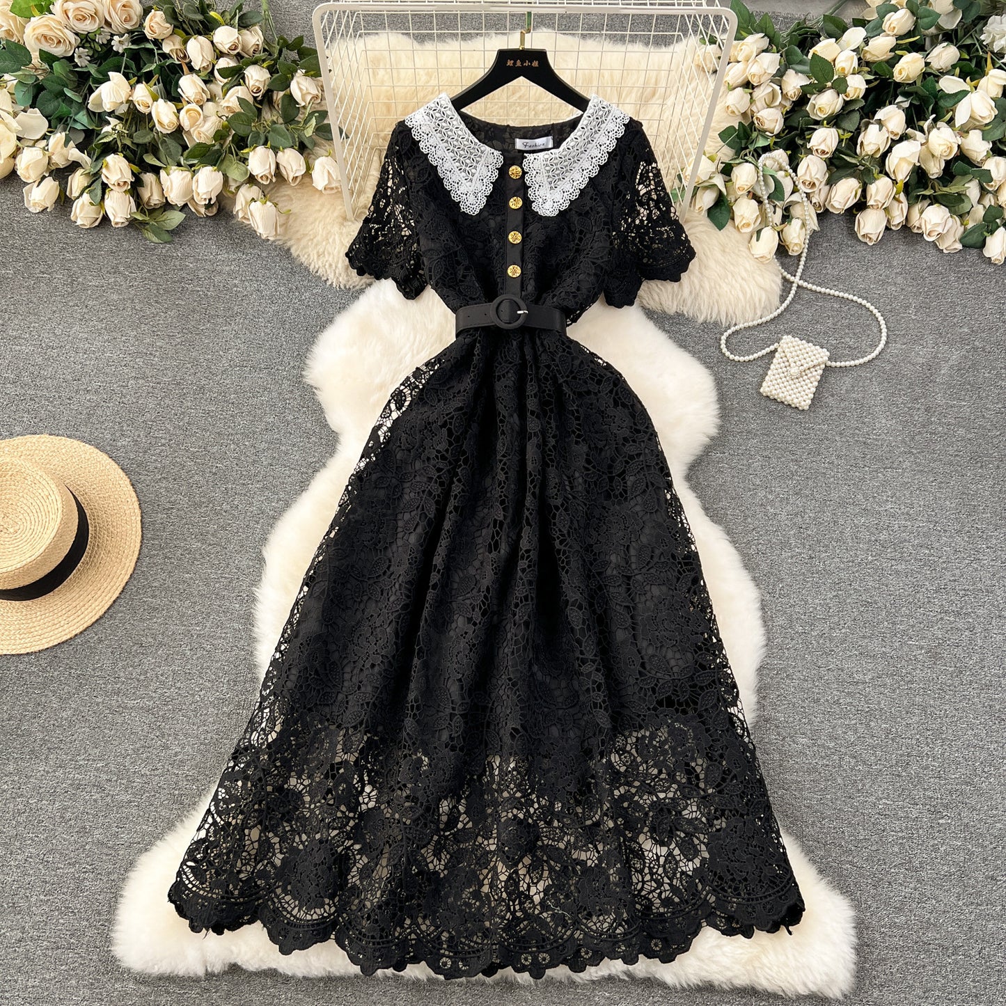 Sweet Contrast Color Doll Collar Breasted Slim-fit Mid-length Lace Dress