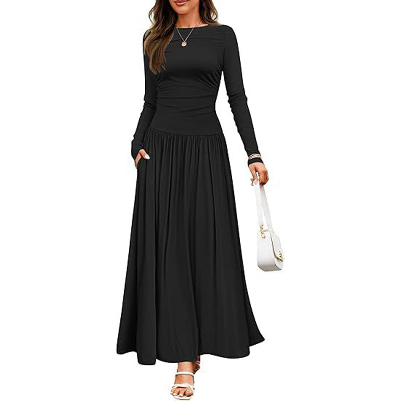Women's Elegant Ruffle Detail Dress, Solid Color Round Neck Long Sleeve Knit Dress With Pockets