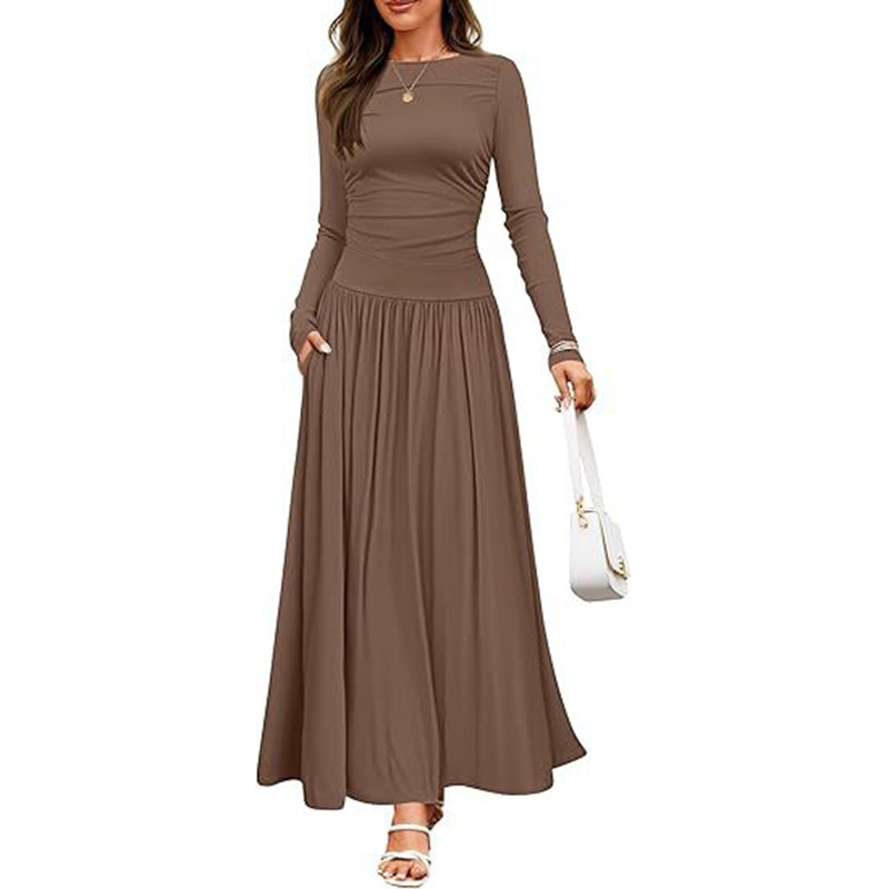 Women's Elegant Ruffle Detail Dress, Solid Color Round Neck Long Sleeve Knit Dress With Pockets