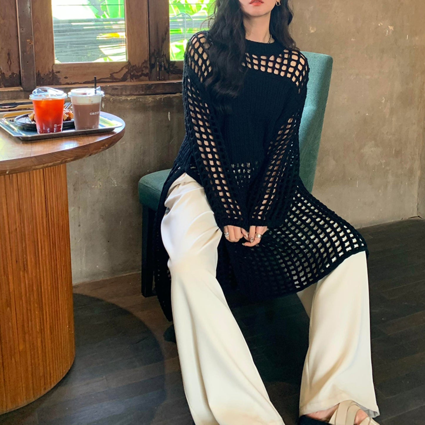 Elegant French Lace Knit Dress, Mandarin Collar Tunic For Layering, Resort Wear (China)