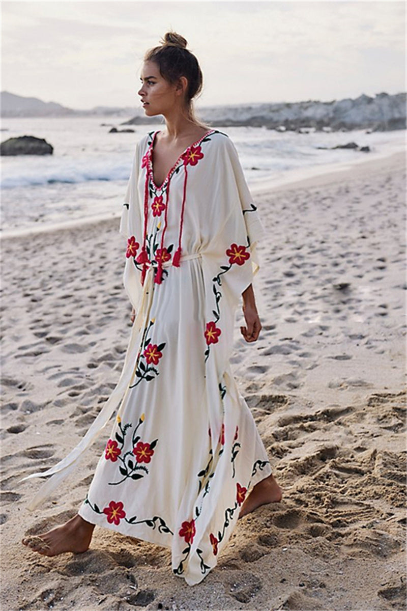 Floral Embroidered V-Neck Doll Sleeve Holiday Dress