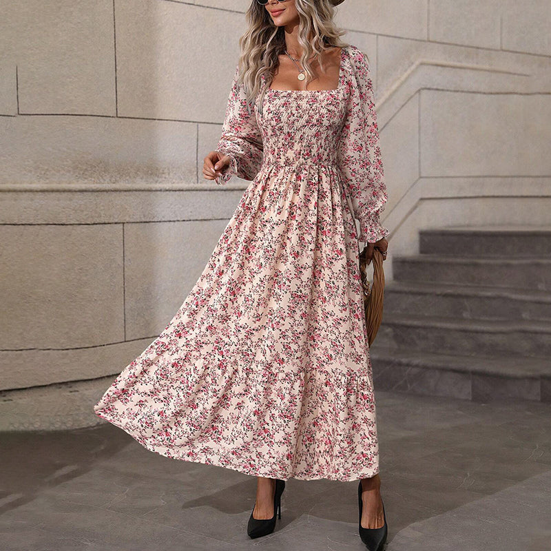 Women's Square Neck Floral Dress Puff Sleeve Backless Maxi Dress With Smocked Waist For Spring And Summer