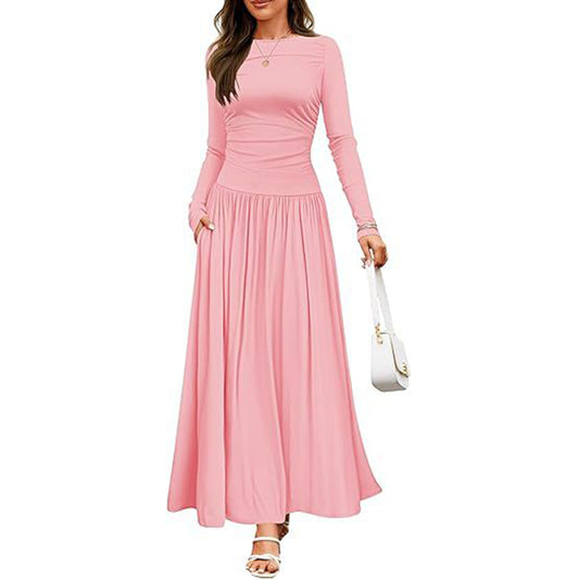 Women's Elegant Ruffle Detail Dress, Solid Color Round Neck Long Sleeve Knit Dress With Pockets