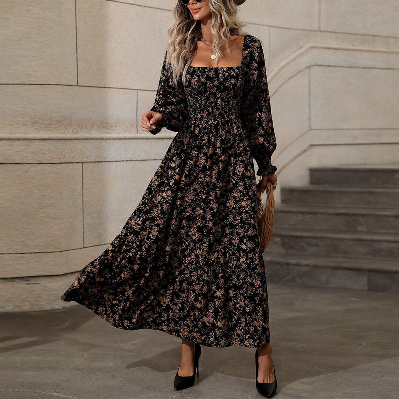 Women's Square Neck Floral Dress Puff Sleeve Backless Maxi Dress With Smocked Waist For Spring And Summer