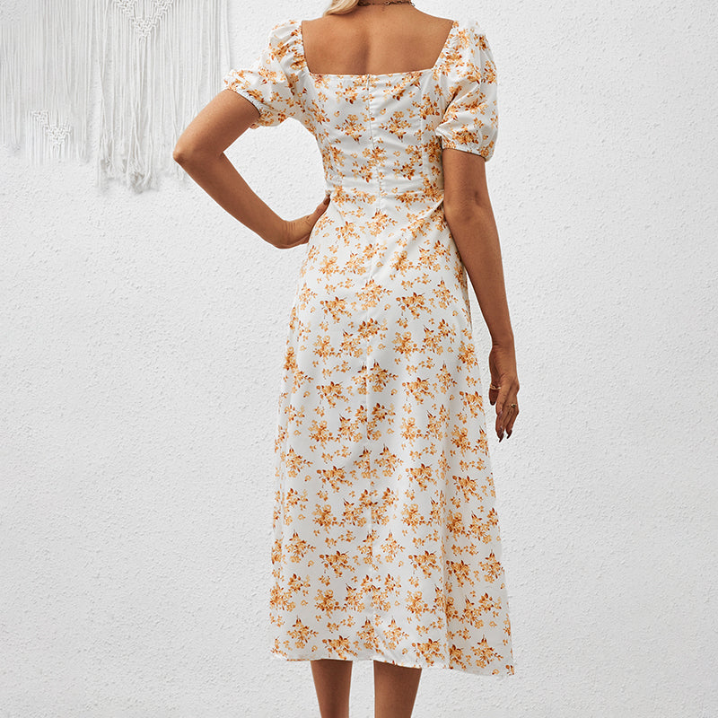 Women's Square Neck Floral Print Dress With Puff Sleeves & Side Slit - Elegant Spring Summer Boho Maxi Dress