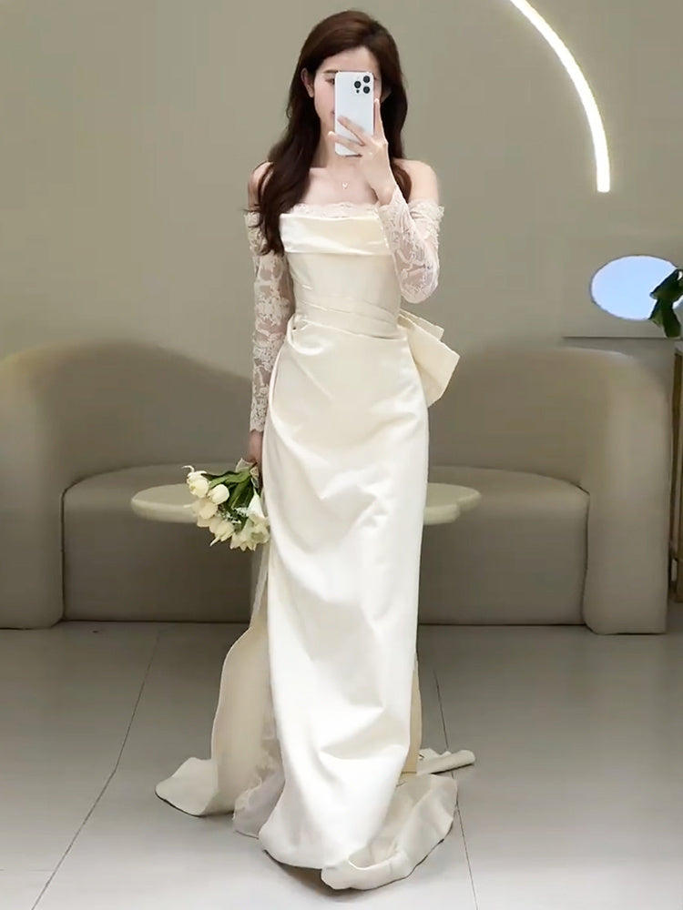 Off-shoulder Light Wedding Dress Bridal Simple Lace Dress