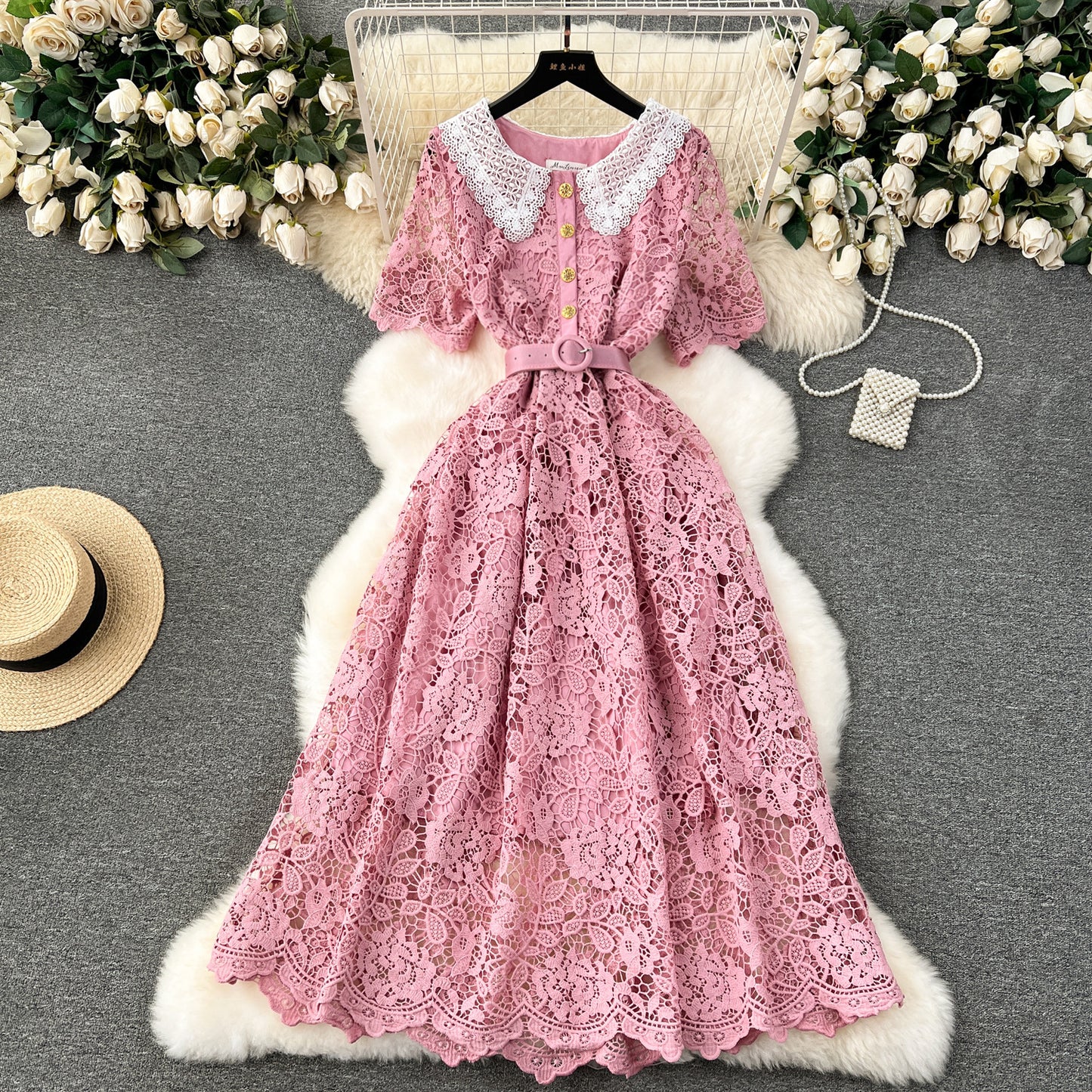 Sweet Contrast Color Doll Collar Breasted Slim-fit Mid-length Lace Dress