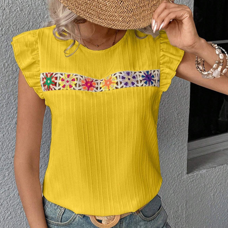 Women's Ruffle Short Sleeve Summer Tops Cute Crew Neck Floral Crochet Blouses Shirts