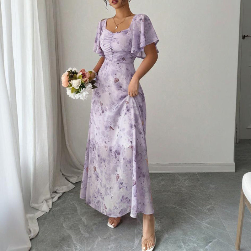 Women's Solid Color Square Neck Short Sleeve Butterfly Print Flowy Dress A-Line Summer Vacation Maxi Dress