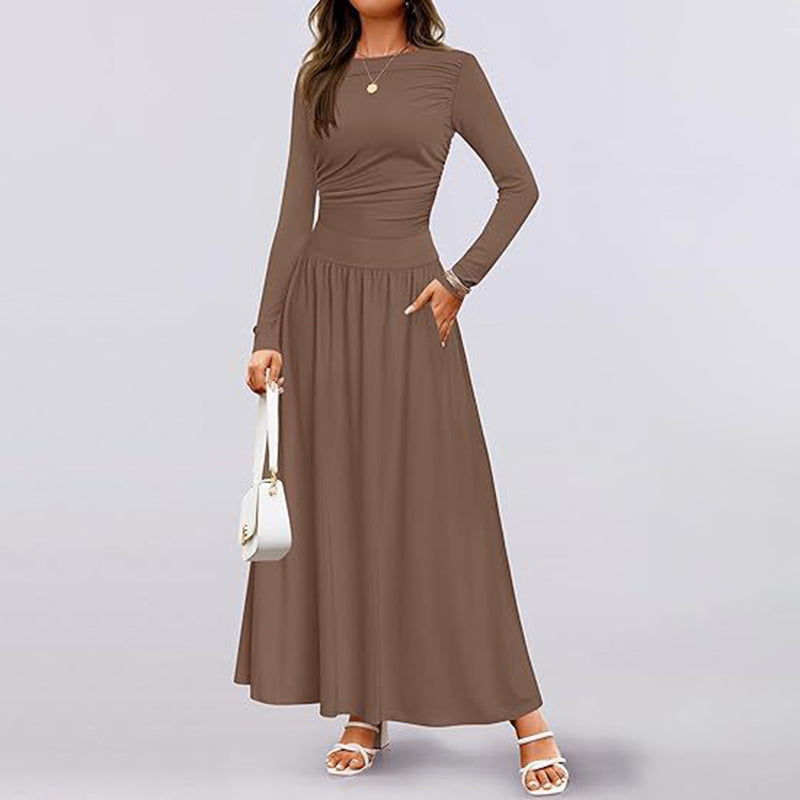 Women's Elegant Ruffle Detail Dress, Solid Color Round Neck Long Sleeve Knit Dress With Pockets